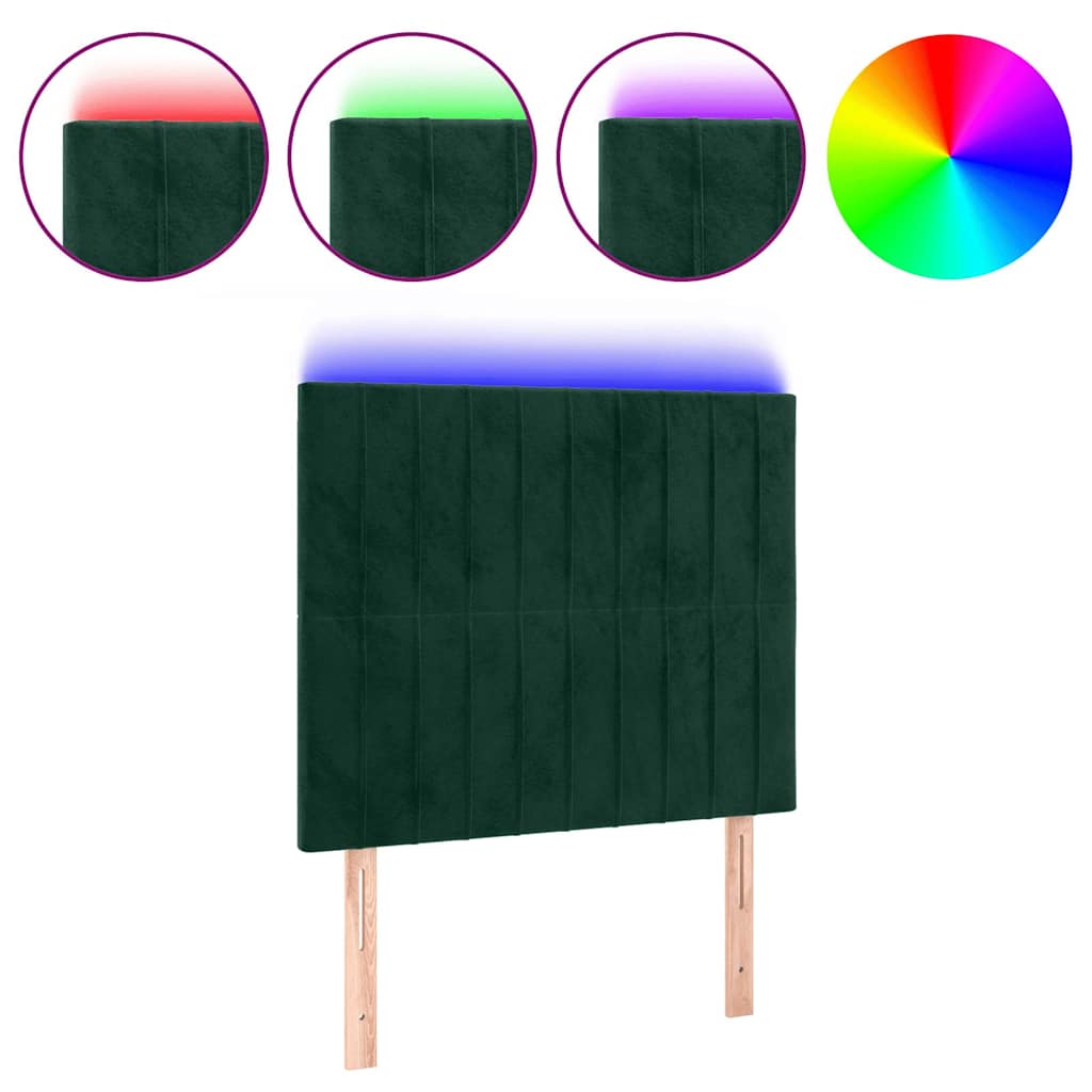 sengegavl med LED-lys 100x5x118/128 cm fløjl mørkegrøn