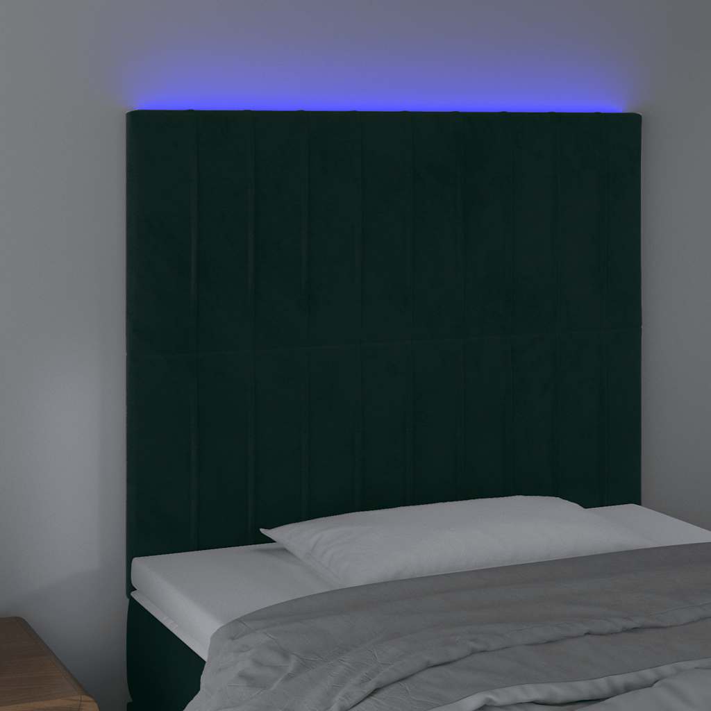 sengegavl med LED-lys 100x5x118/128 cm fløjl mørkegrøn