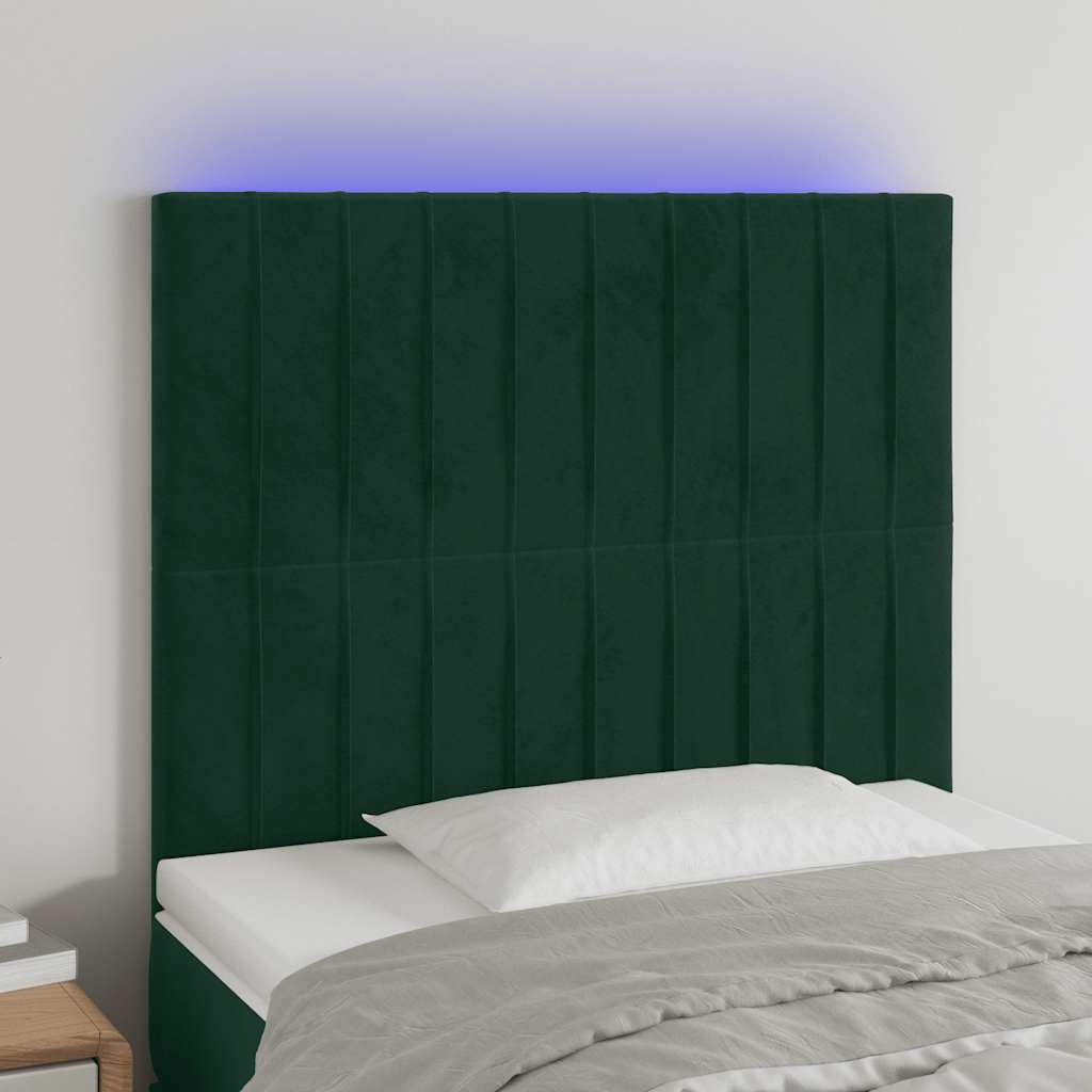 sengegavl med LED-lys 100x5x118/128 cm fløjl mørkegrøn