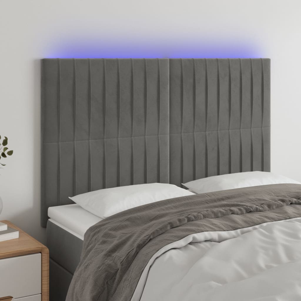 sengegavl med LED-lys 144x5x118/128 cm fløjl lysegrå