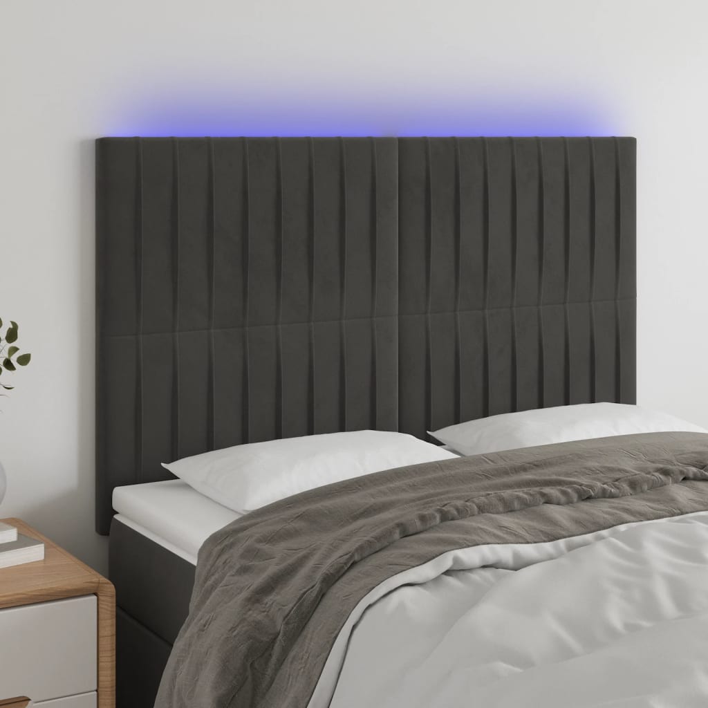 sengegavl med LED-lys 144x5x118/128 cm fløjl mørkegrå