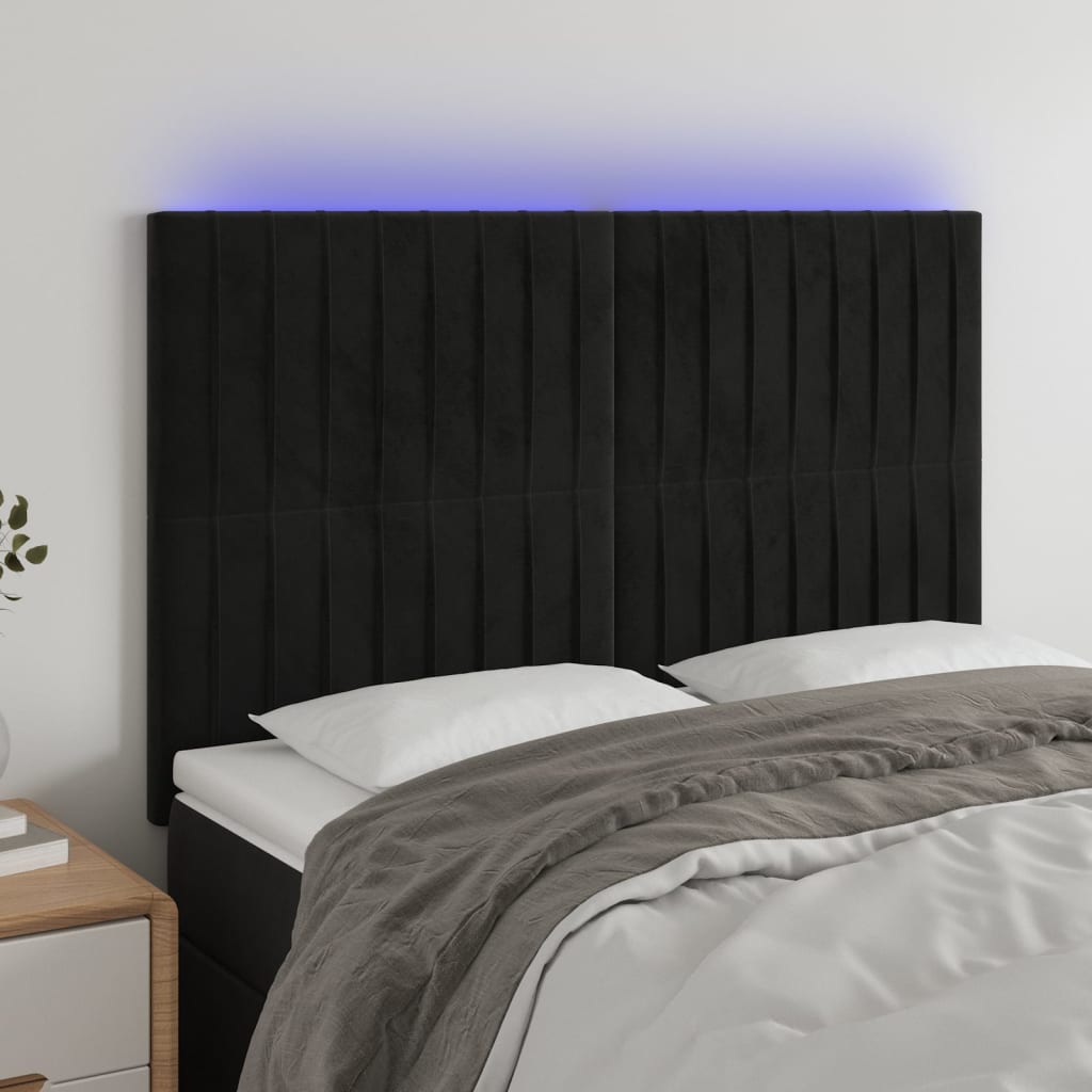sengegavl med LED-lys 144x5x118/128 cm fløjl sort