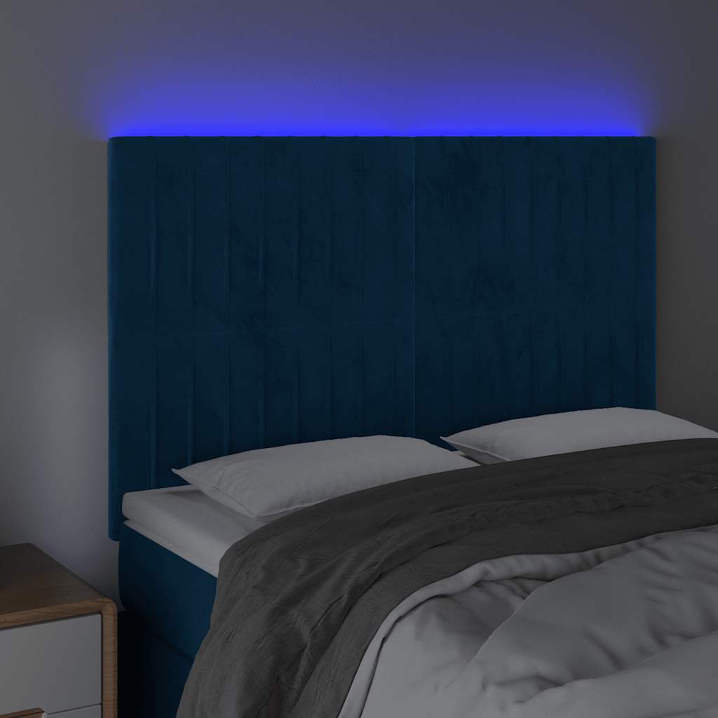 sengegavl med LED-lys 144x5x118/128 cm fløjl mørkeblå
