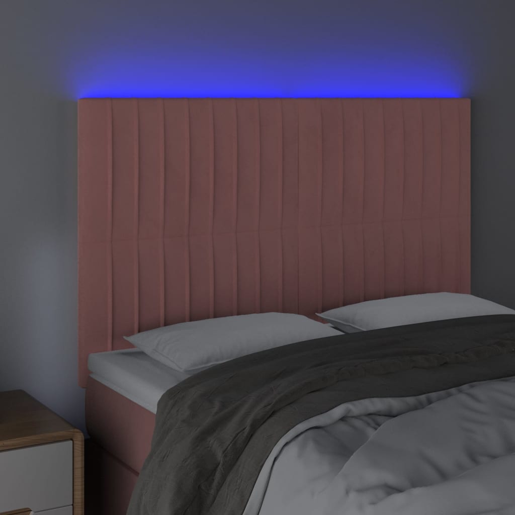 sengegavl med LED-lys 144x5x118/128 cm fløjl lyserød