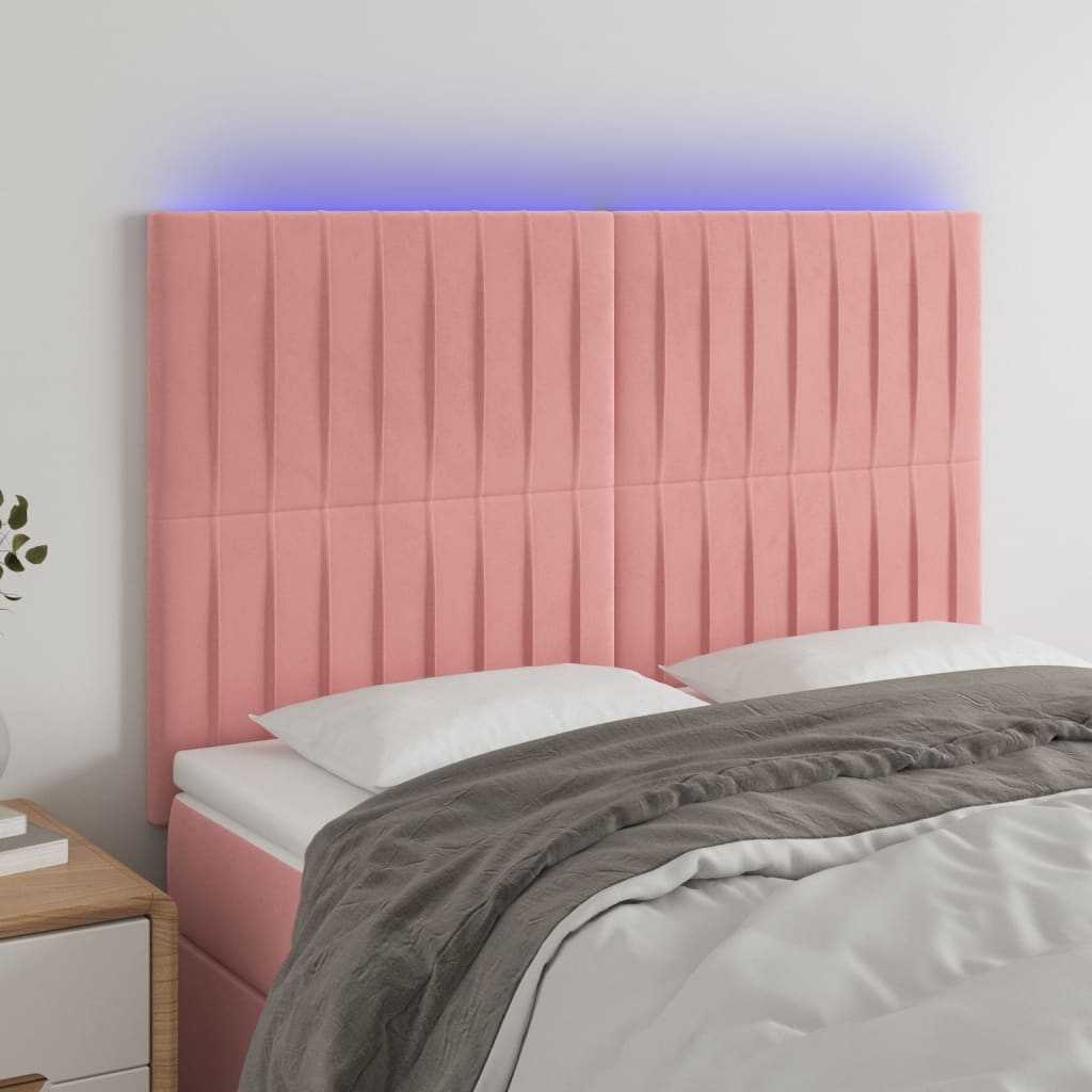 sengegavl med LED-lys 144x5x118/128 cm fløjl lyserød