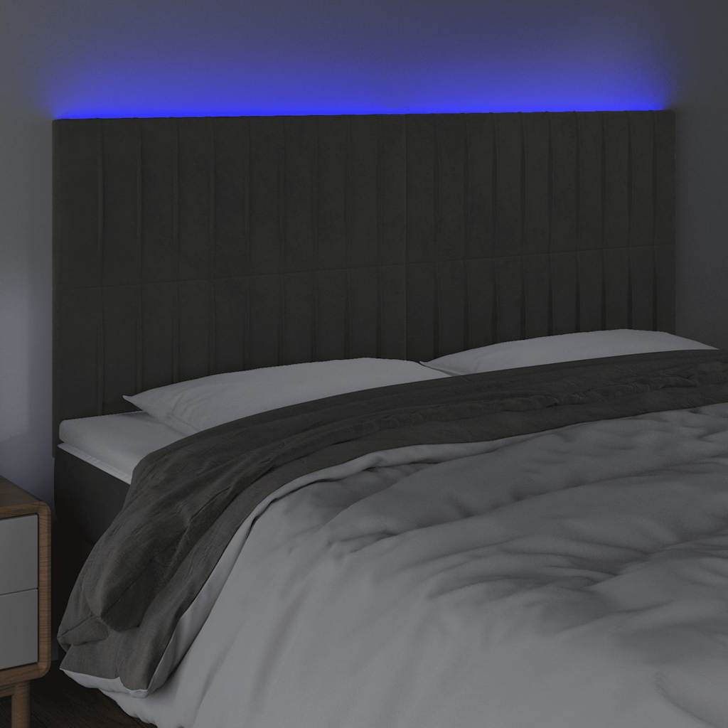 sengegavl med LED-lys 160x5x118/128 cm fløjl mørkegrå