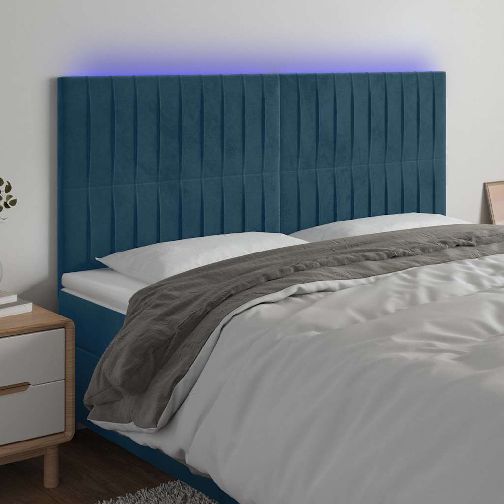 sengegavl med LED-lys 160x5x118/128 cm fløjl mørkeblå