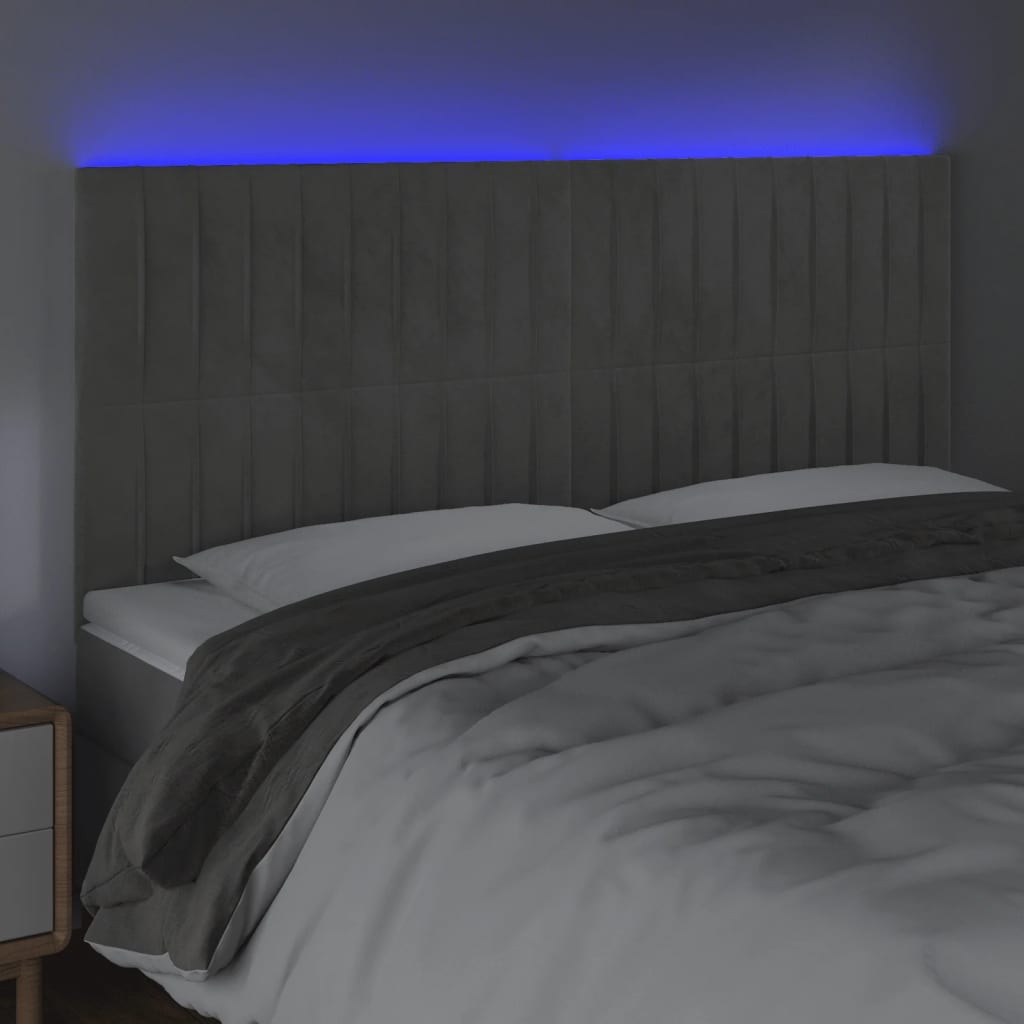 sengegavl med LED-lys 180x5x118/128 cm fløjl lysegrå