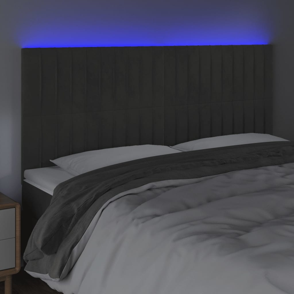 sengegavl med LED-lys 180x5x118/128 cm fløjl mørkegrå
