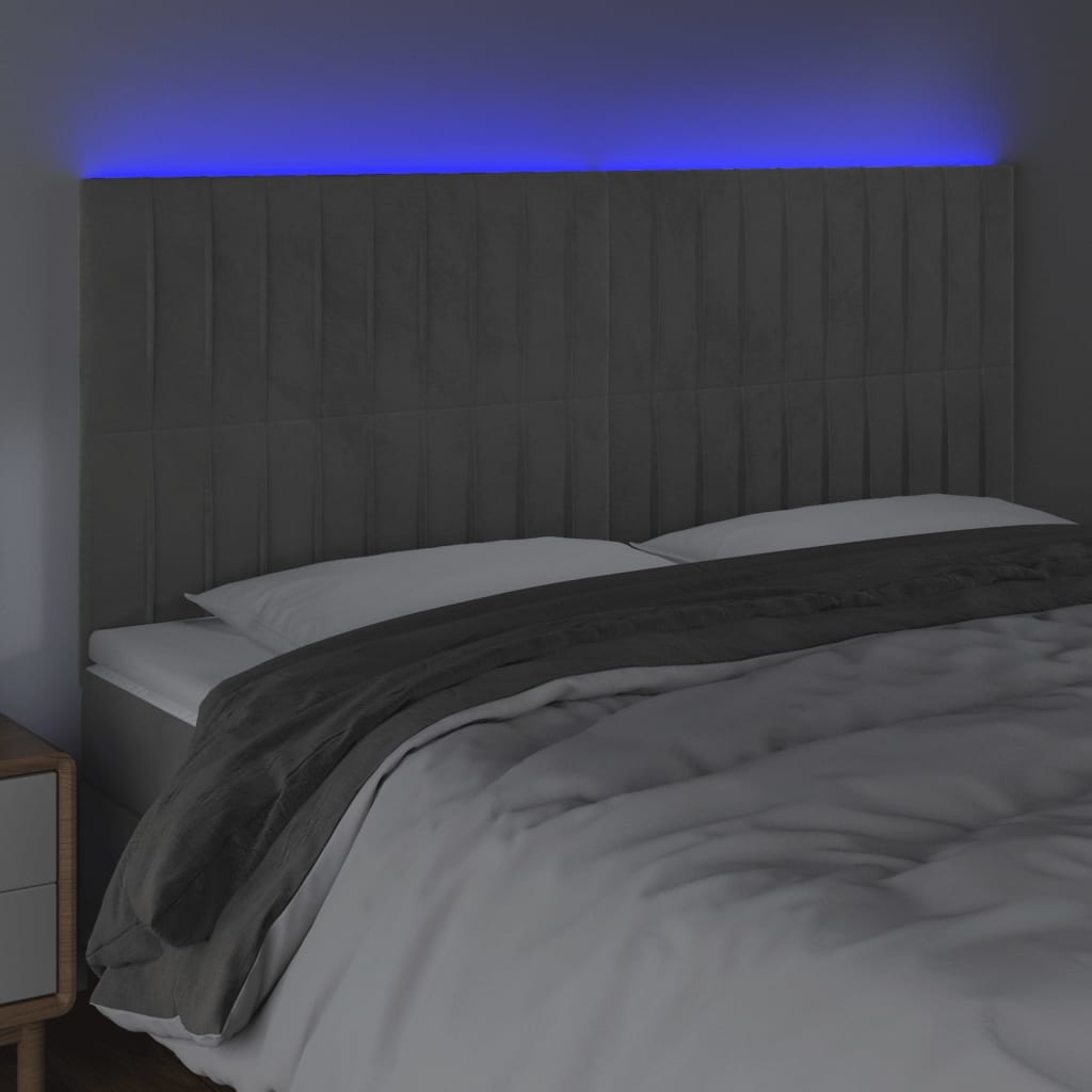 sengegavl med LED-lys 200x5x118/128 cm fløjl lysegrå