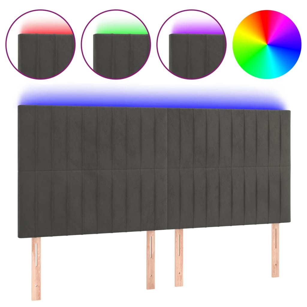 sengegavl med LED-lys 200x5x118/128 cm fløjl mørkegrå