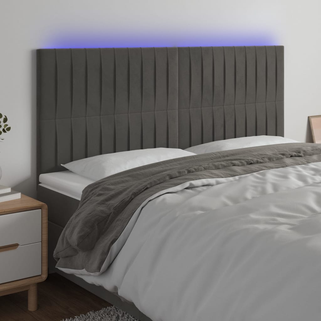 sengegavl med LED-lys 200x5x118/128 cm fløjl mørkegrå