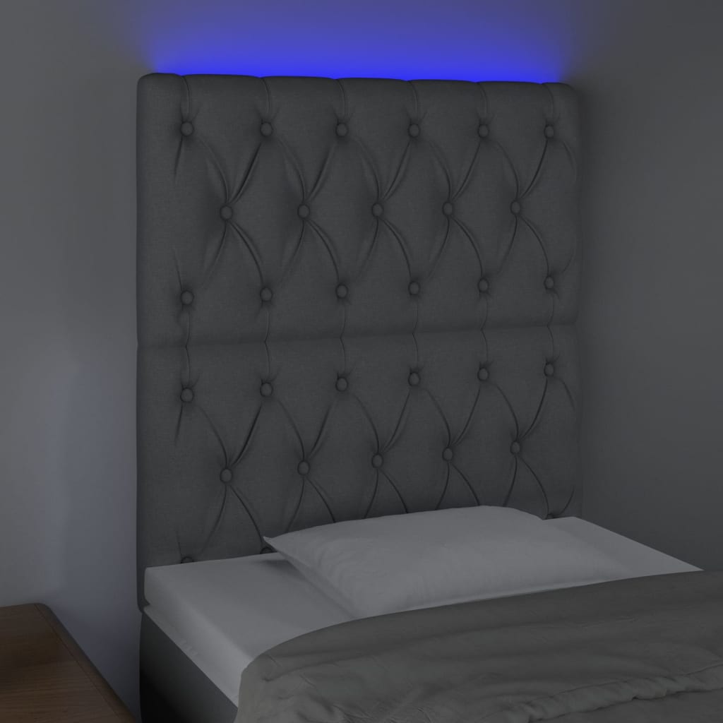 sengegavl med LED-lys 80x7x118/128 cm stof lysegrå