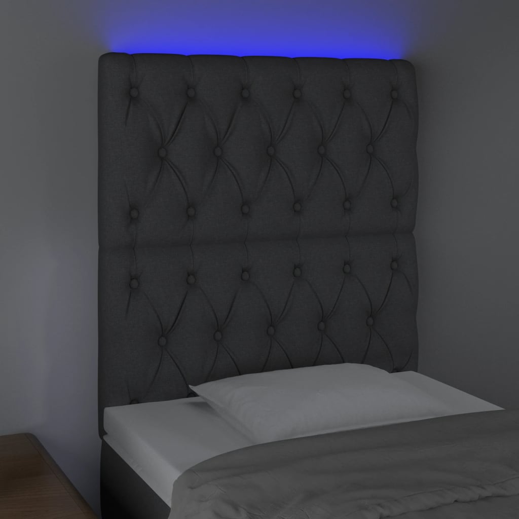 sengegavl med LED-lys 80x7x118/128 cm stof mørkegrå