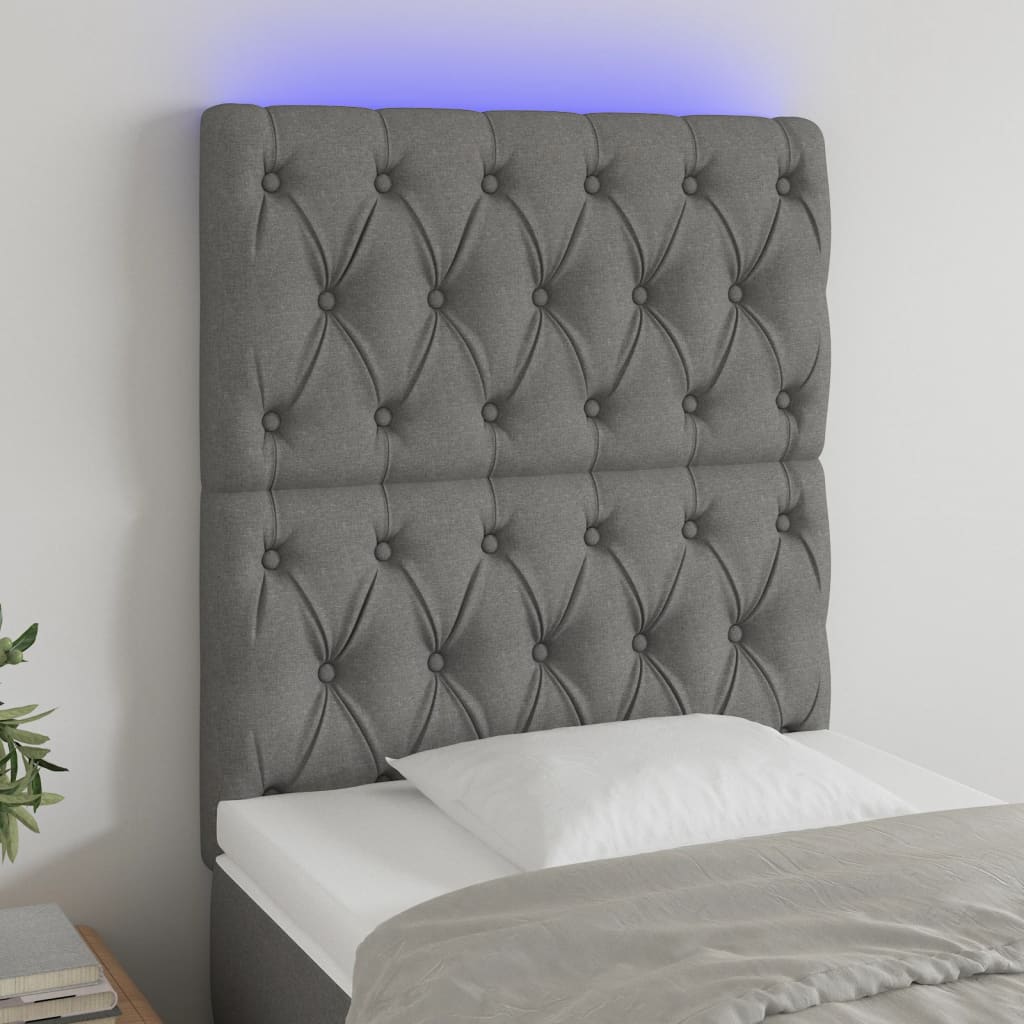 sengegavl med LED-lys 80x7x118/128 cm stof mørkegrå