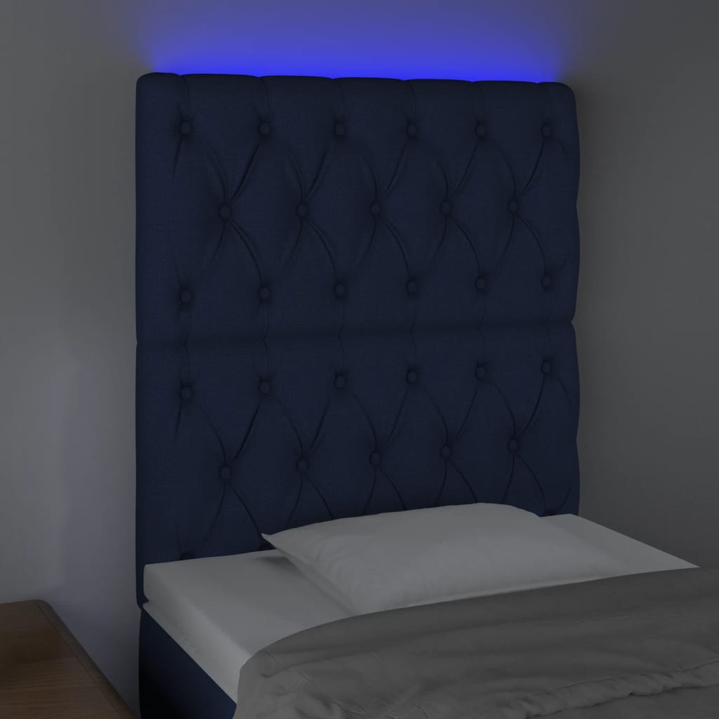 sengegavl med LED-lys 80x7x118/128 cm stof blå