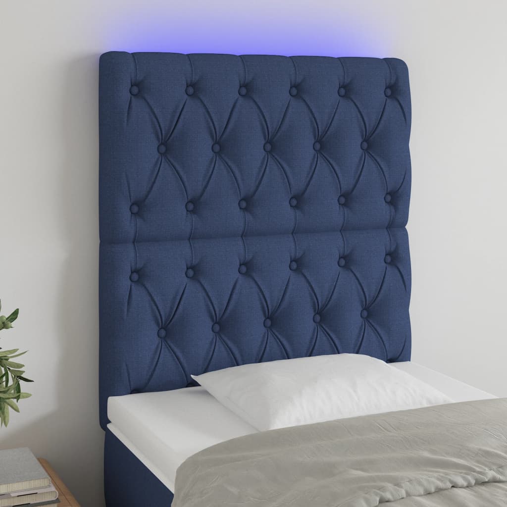 sengegavl med LED-lys 80x7x118/128 cm stof blå