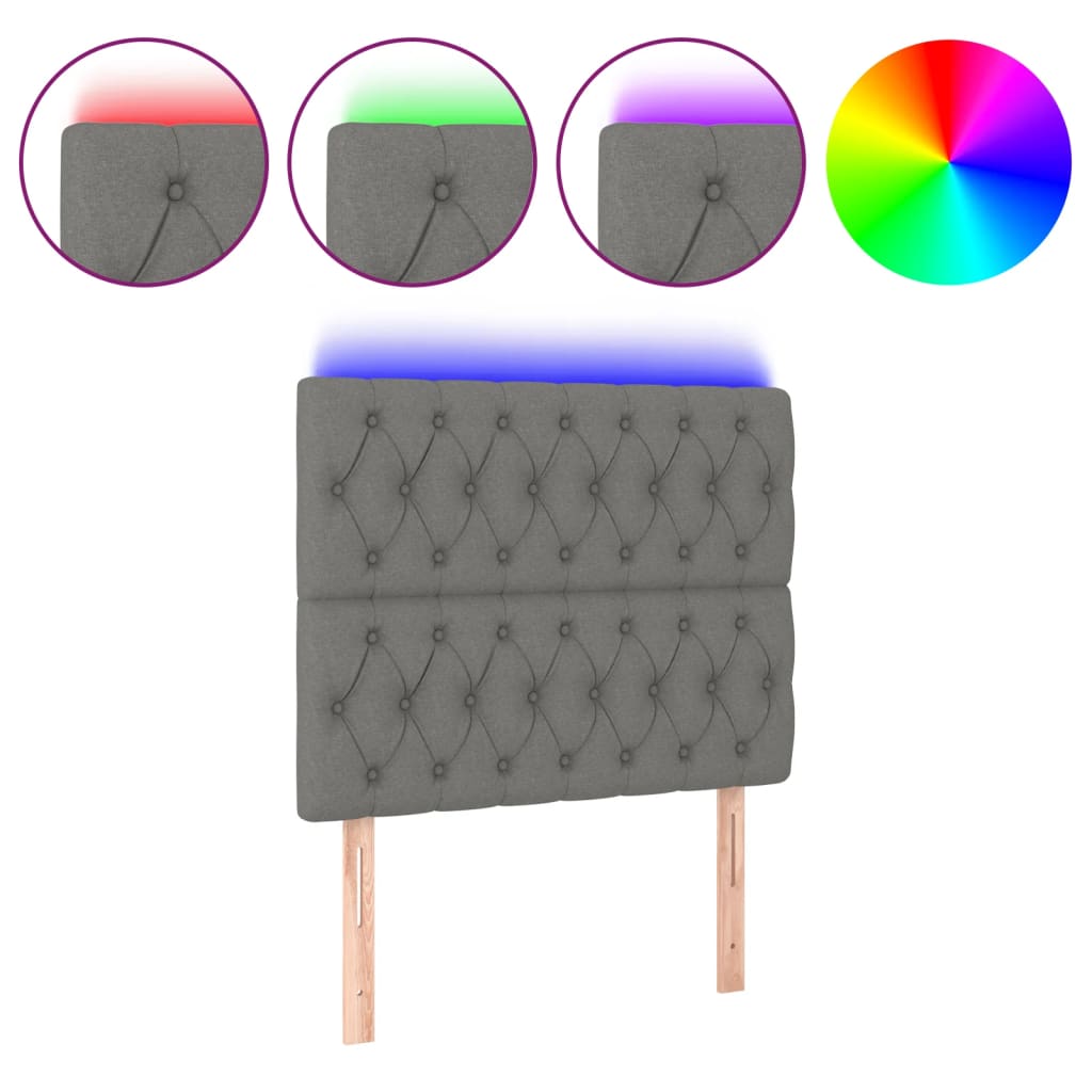sengegavl med LED-lys 90x7x118/128 cm stof mørkegrå