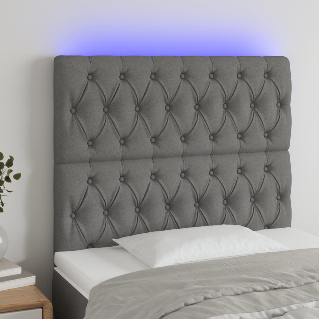sengegavl med LED-lys 90x7x118/128 cm stof mørkegrå