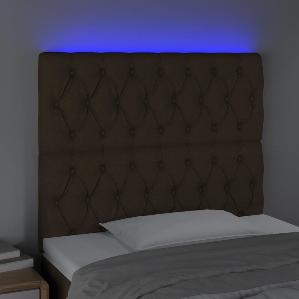 sengegavl med LED-lys 90x7x118/128 cm stof mørkebrun