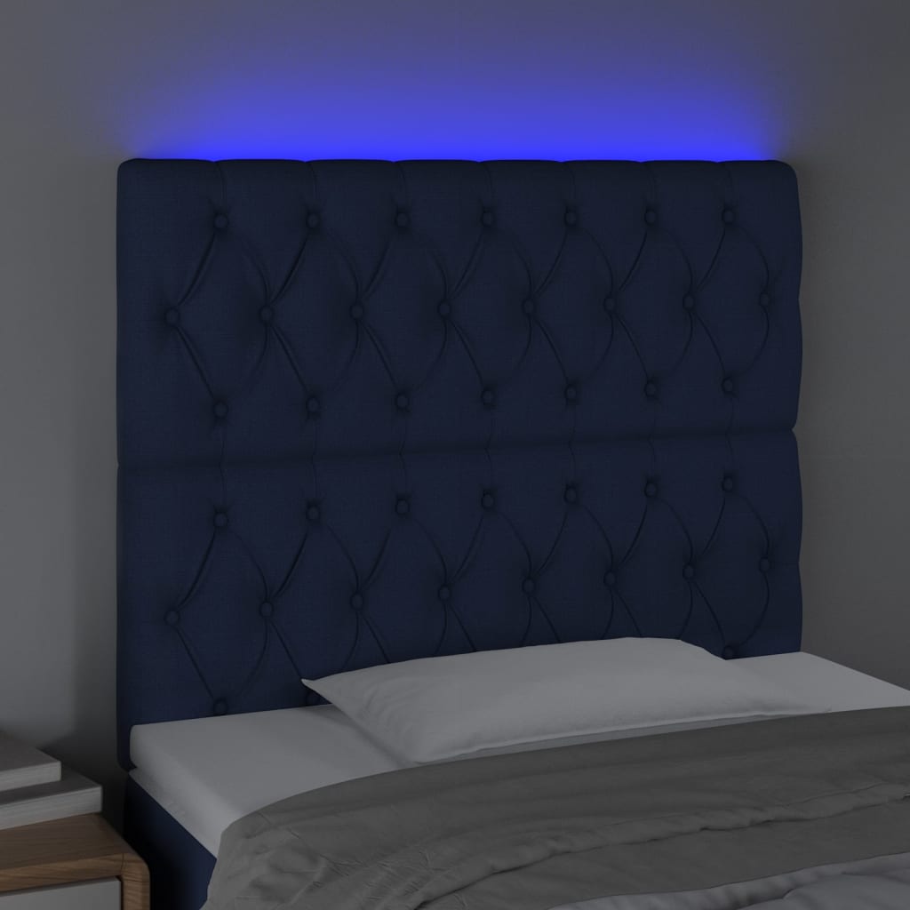 sengegavl med LED-lys 90x7x118/128 cm stof blå