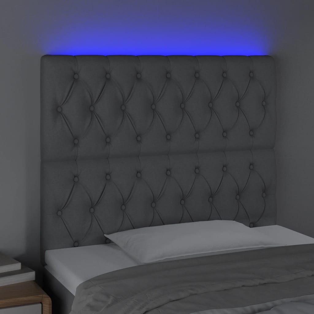 sengegavl med LED-lys 100x7x118/128 cm stof lysegrå