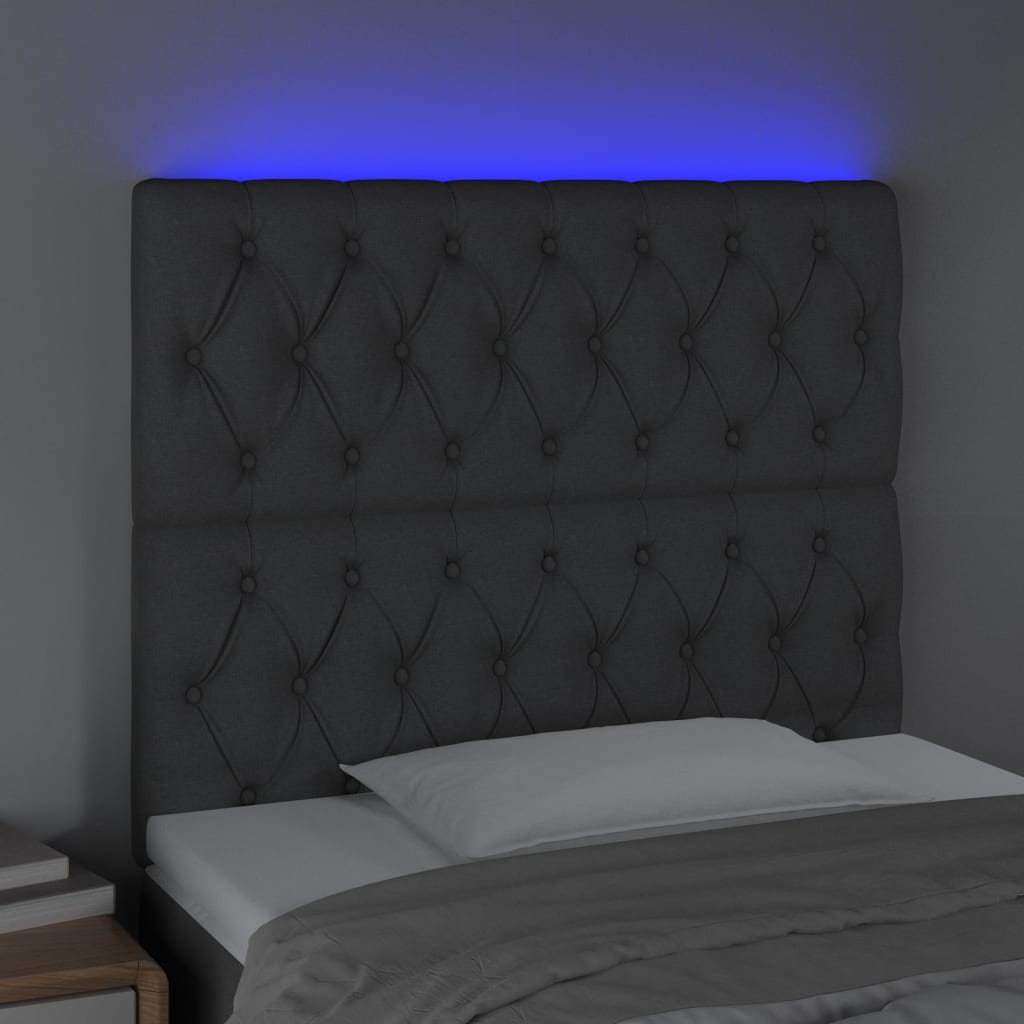 sengegavl med LED-lys 100x7x118/128 cm stof mørkegrå