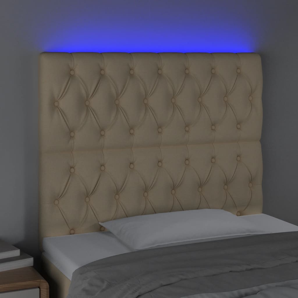sengegavl med LED-lys 100x7x118/128 cm stof cremefarvet