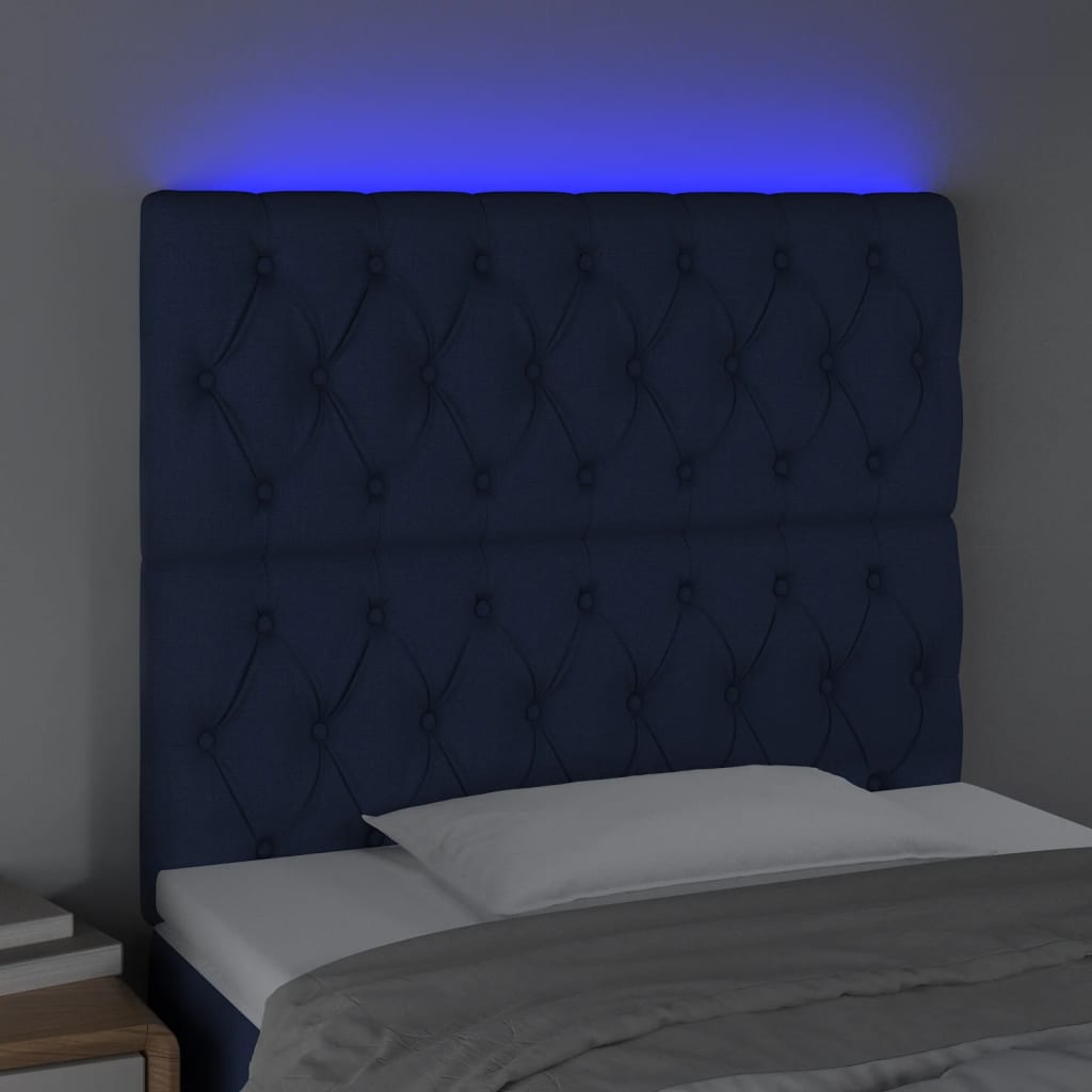 sengegavl med LED-lys 100x7x118/128 cm stof blå