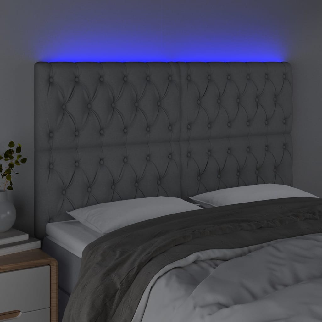 sengegavl med LED-lys 144x7x118/128 cm stof lysegrå