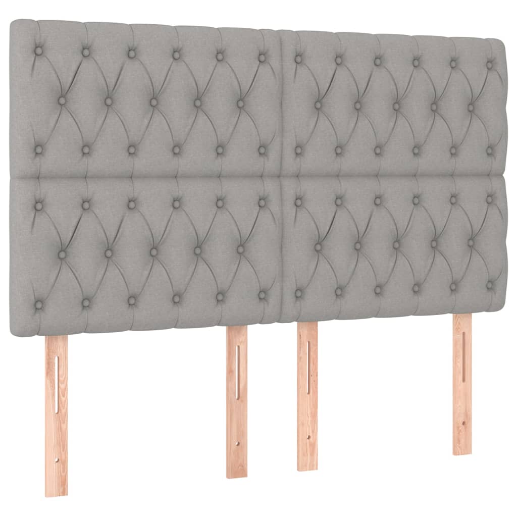 sengegavl med LED-lys 144x7x118/128 cm stof lysegrå