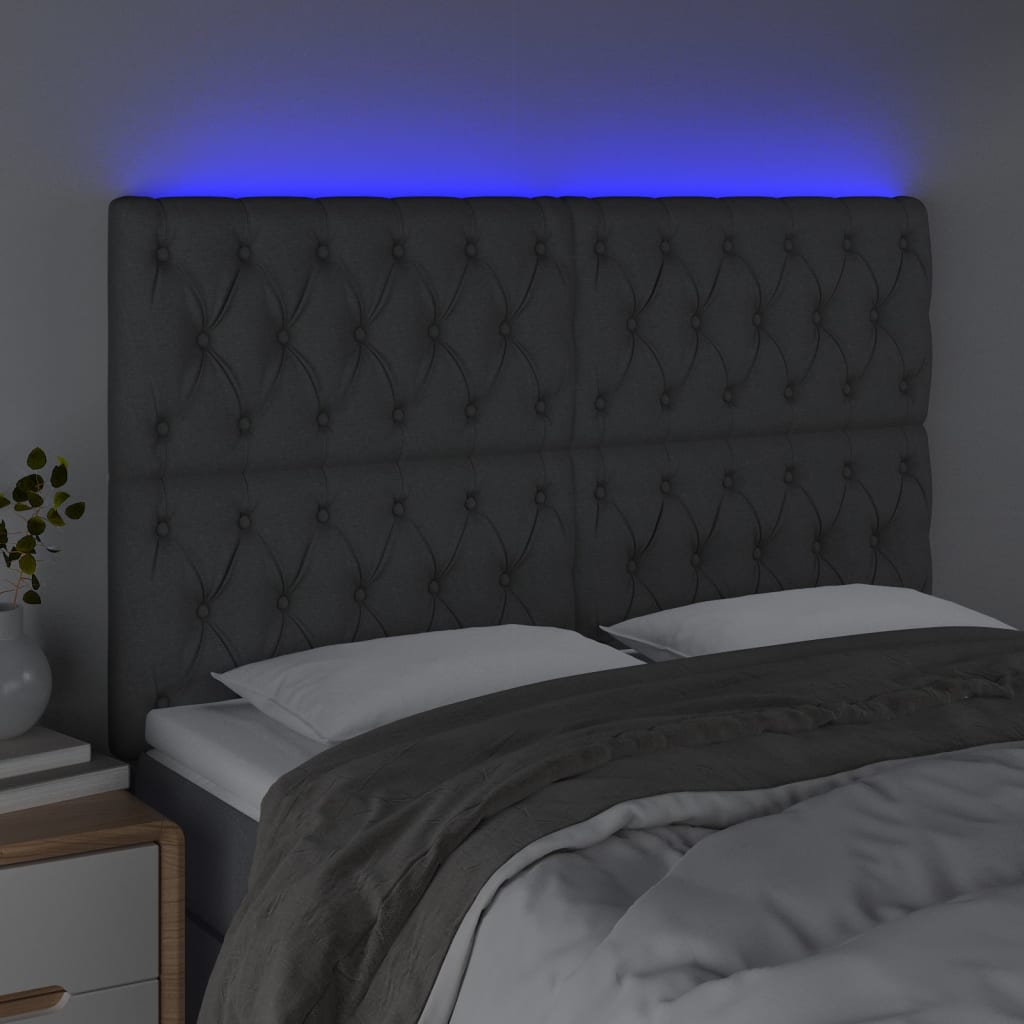 sengegavl med LED-lys 144x7x118/128 cm stof mørkegrå