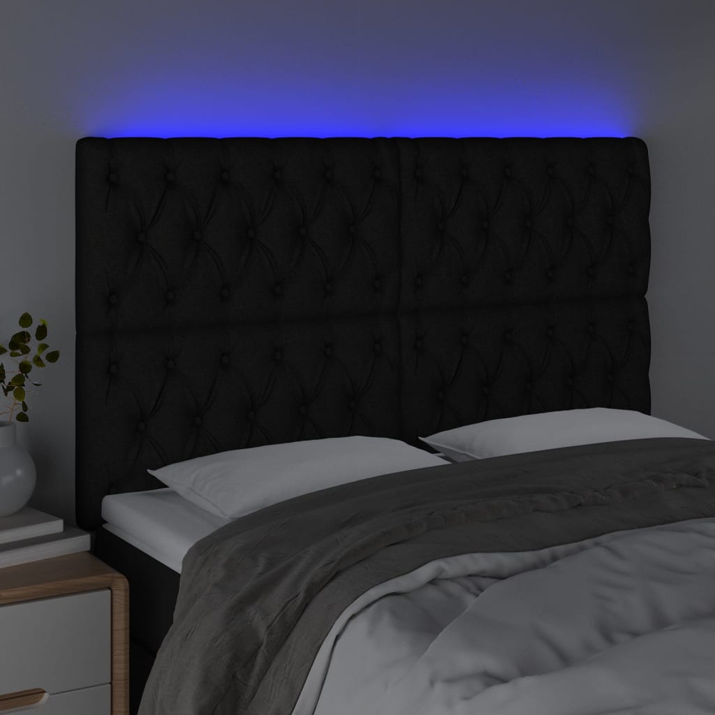 sengegavl med LED-lys 144x7x118/128 cm stof sort