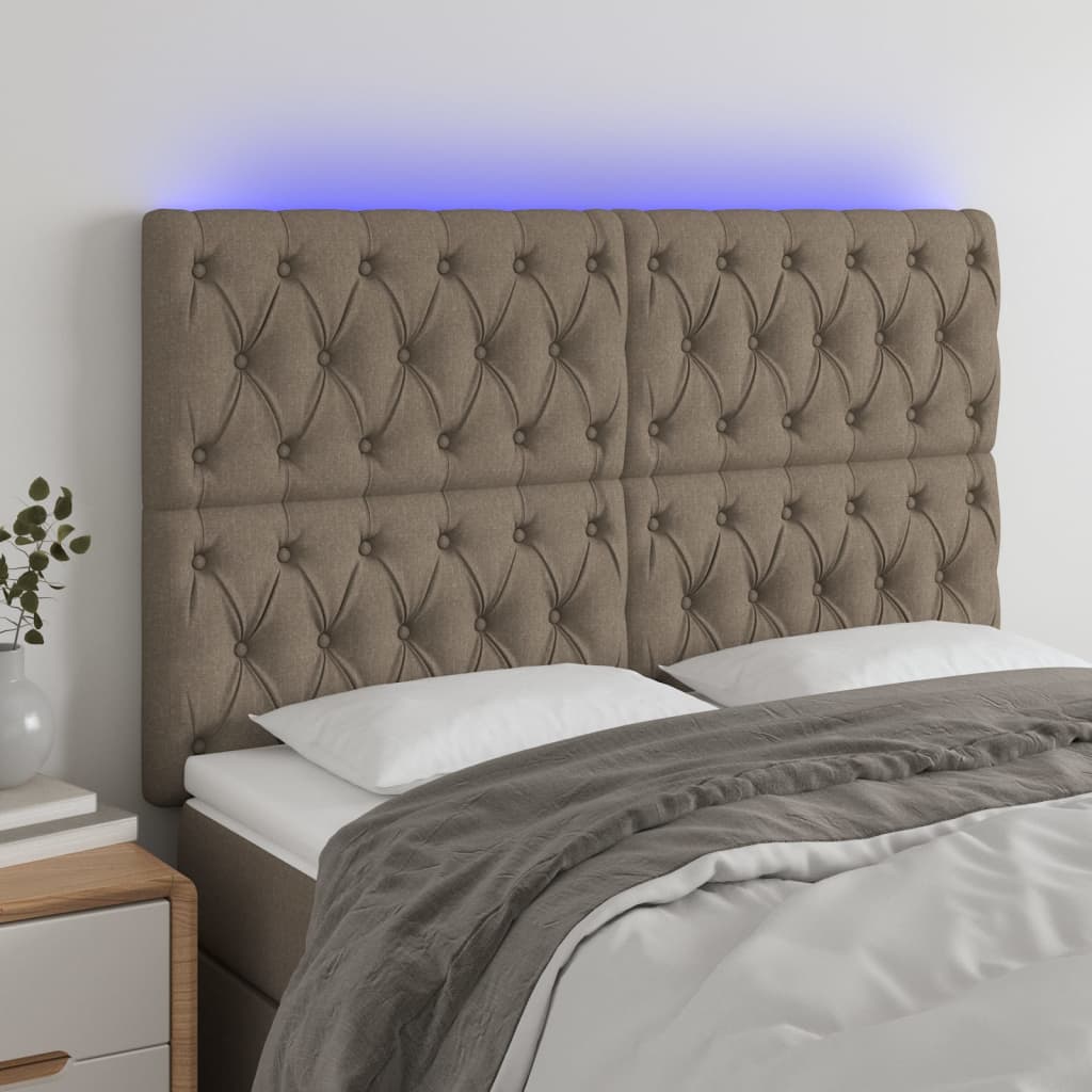 sengegavl med LED-lys 160x7x118/128 cm stof gråbrun