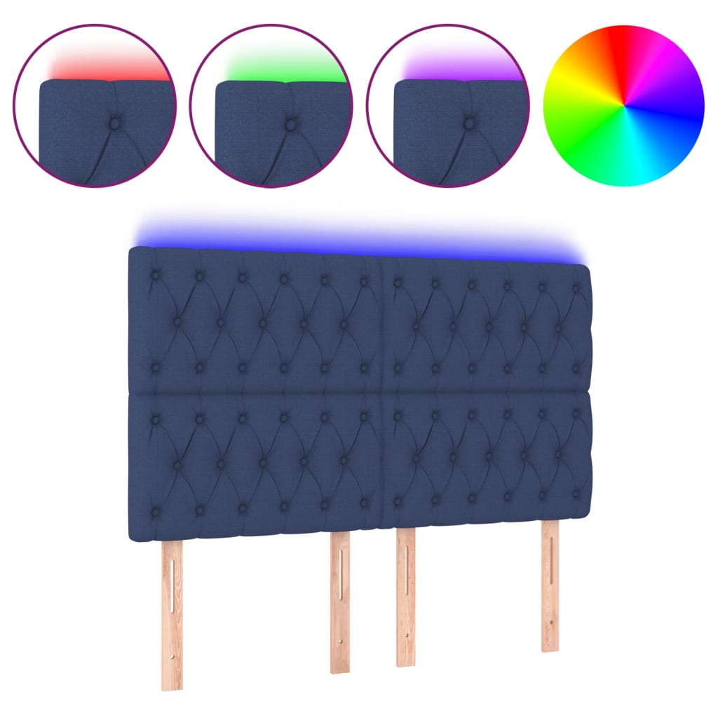 sengegavl med LED-lys 160x7x118/128 cm stof blå