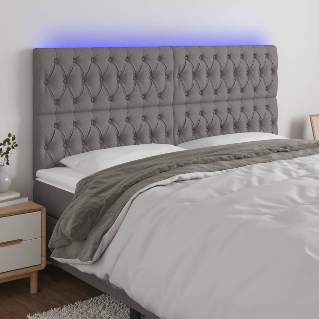 sengegavl med LED-lys 180x7x118/128 cm stof mørkegrå