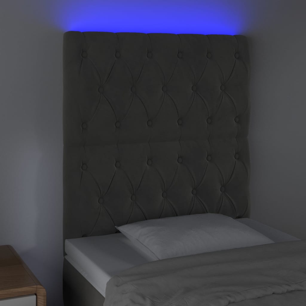sengegavl med LED-lys 80x7x118/128 cm fløjl mørkegrå