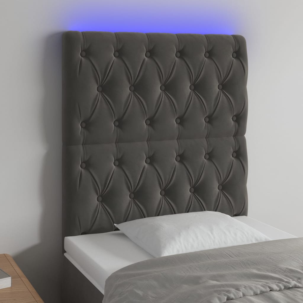 sengegavl med LED-lys 80x7x118/128 cm fløjl mørkegrå