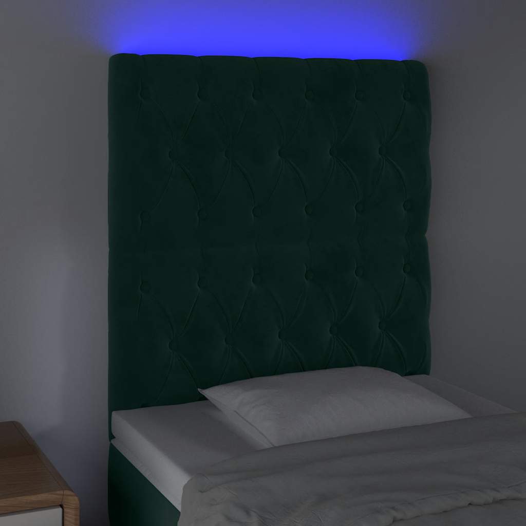 sengegavl med LED-lys 80x7x118/128 cm fløjl mørkegrøn