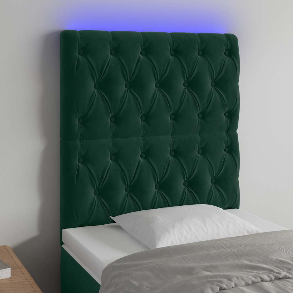 sengegavl med LED-lys 80x7x118/128 cm fløjl mørkegrøn