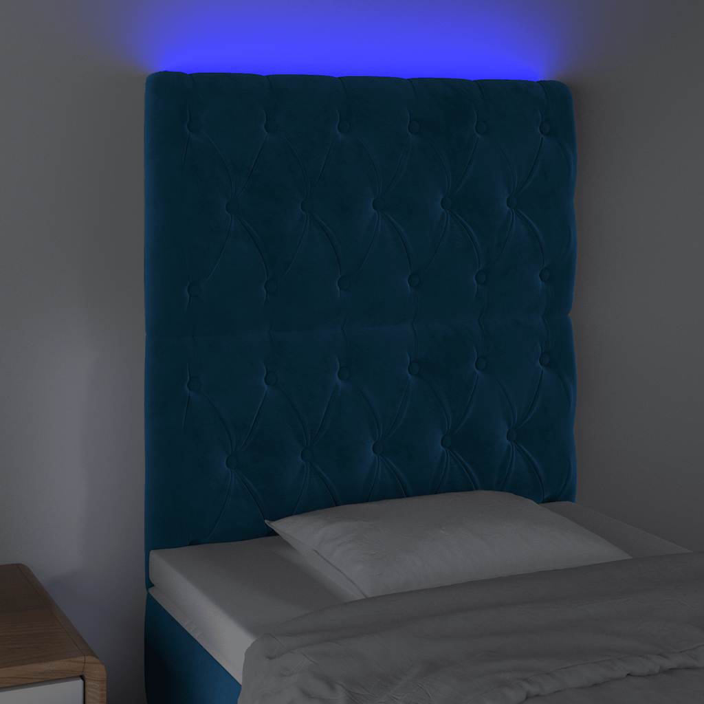 sengegavl med LED-lys 80x7x118/128 cm fløjl mørkeblå