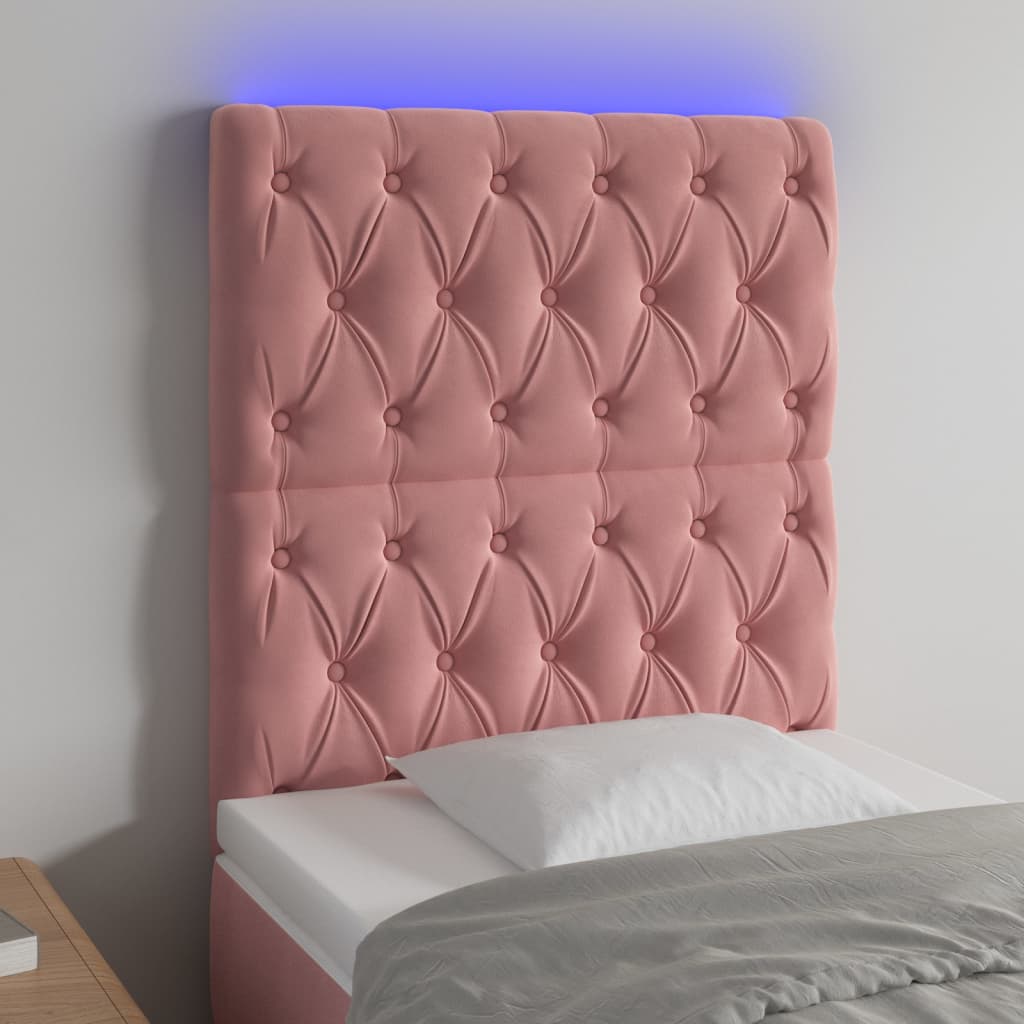 sengegavl med LED-lys 80x7x118/128 cm fløjl lyserød