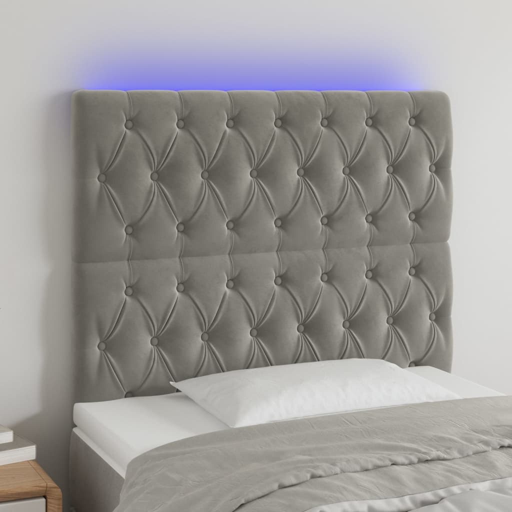 sengegavl med LED-lys 90x7x118/128 cm fløjl lysegrå