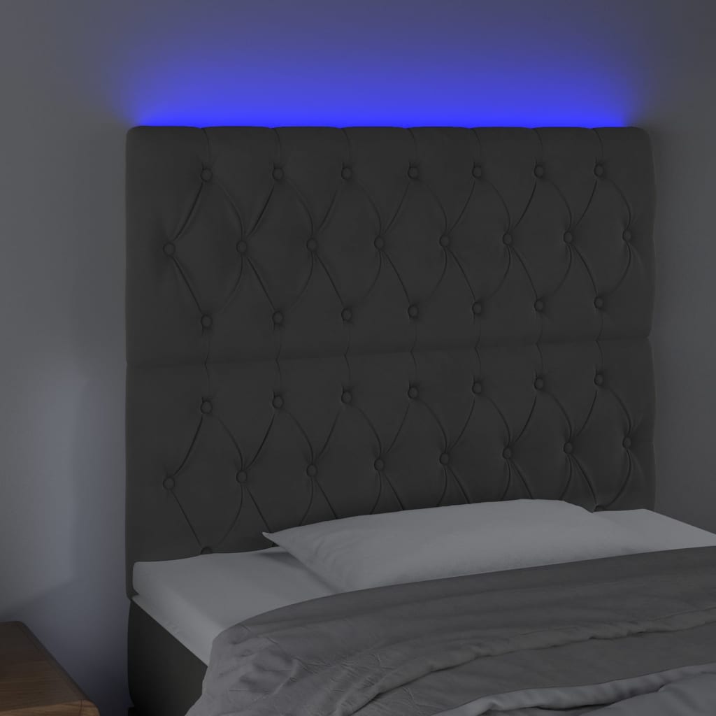 sengegavl med LED-lys 90x7x118/128 cm fløjl mørkegrå