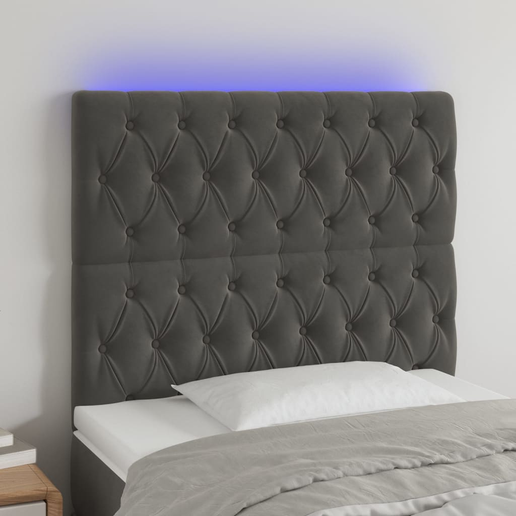 sengegavl med LED-lys 90x7x118/128 cm fløjl mørkegrå