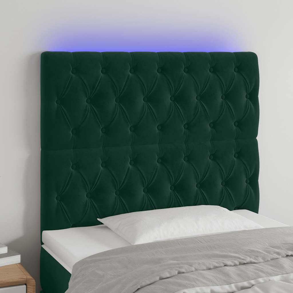 sengegavl med LED-lys 90x7x118/128 cm fløjl mørkegrøn