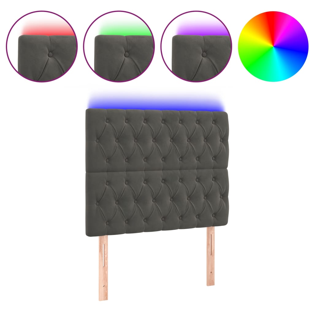sengegavl med LED-lys 100x7x118/128 cm fløjl mørkegrå
