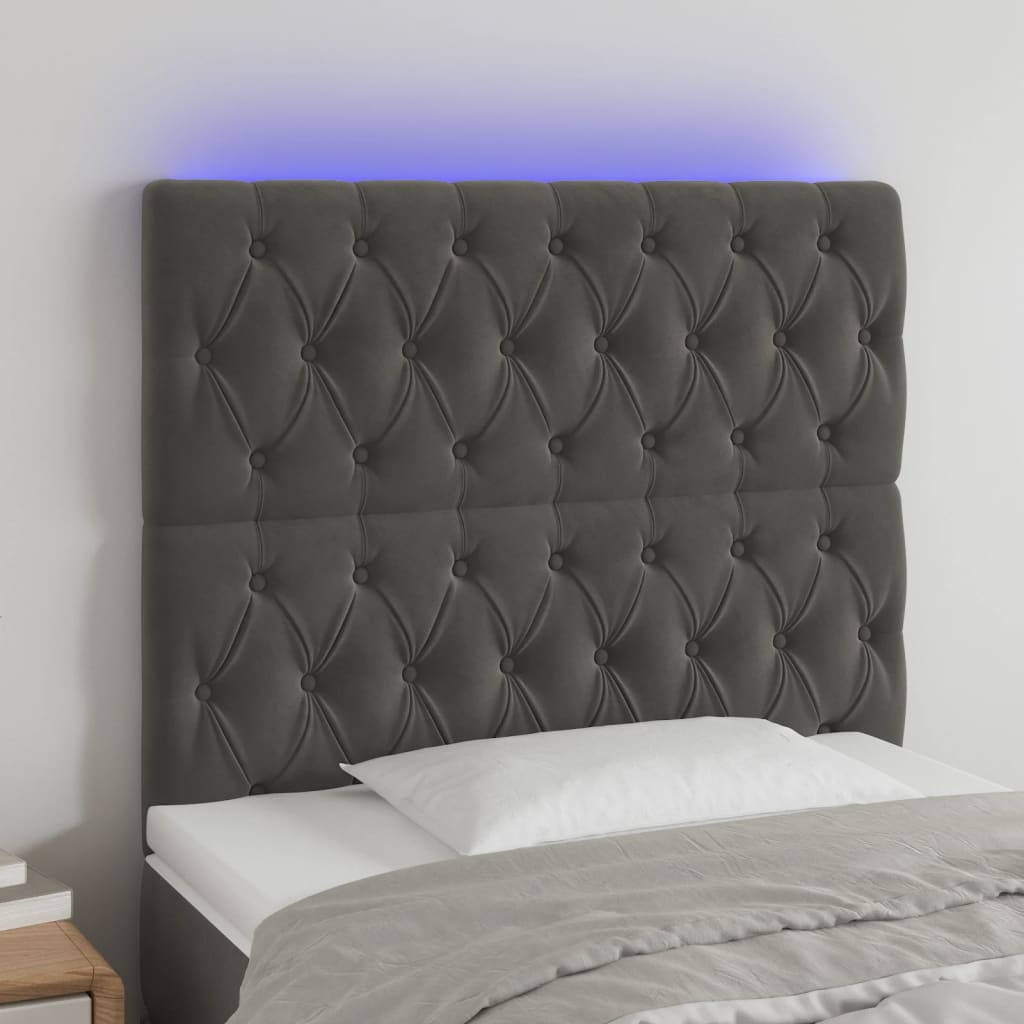 sengegavl med LED-lys 100x7x118/128 cm fløjl mørkegrå