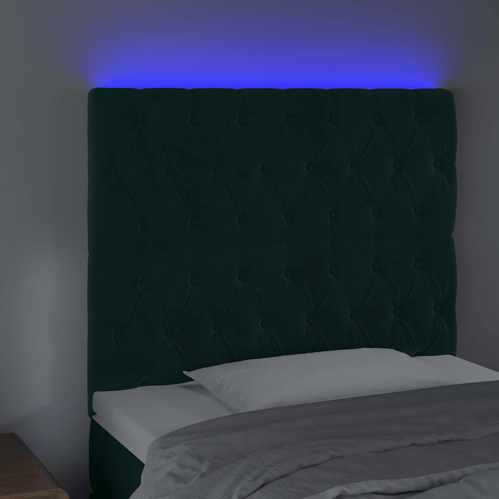 sengegavl med LED-lys 100x7x118/128 cm fløjl mørkegrøn