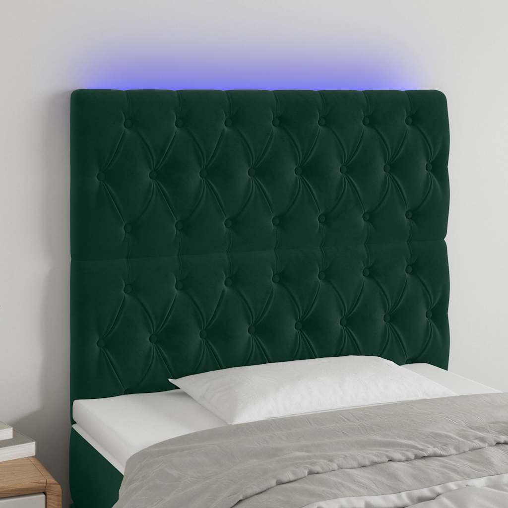 sengegavl med LED-lys 100x7x118/128 cm fløjl mørkegrøn